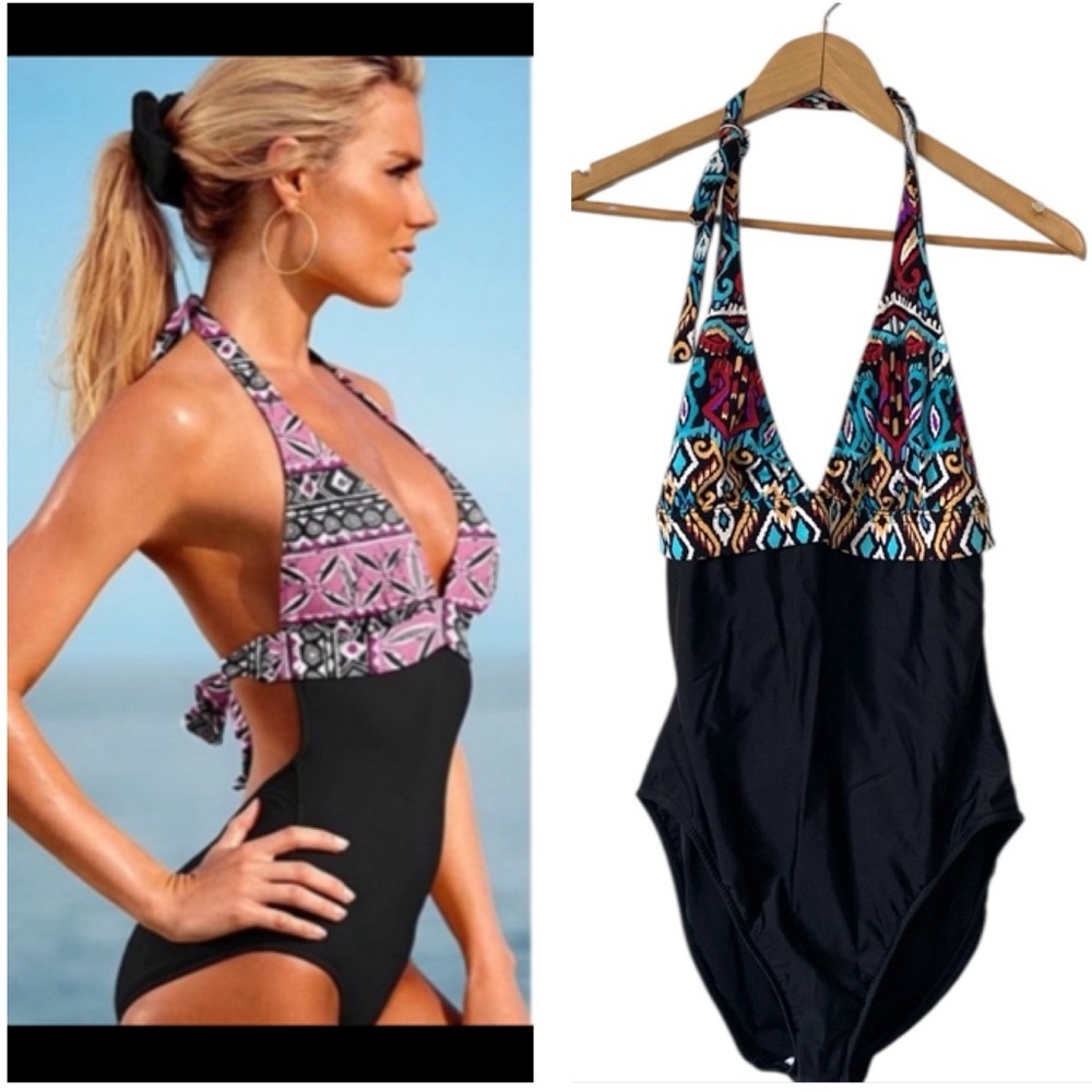 Venus one piece Halter Swimsuit size 14 geometric black blue red